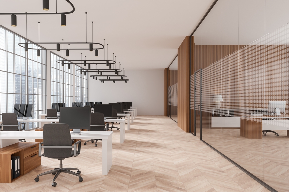 office refurbishment modern wood floor sleek chairs