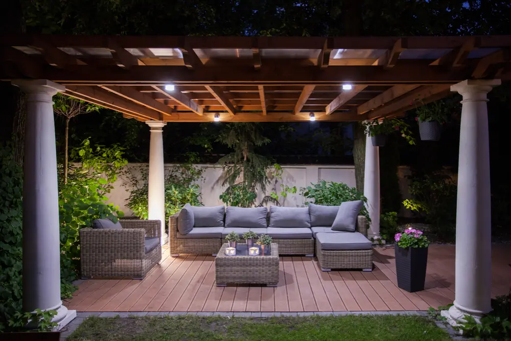 wooden pergola seating area